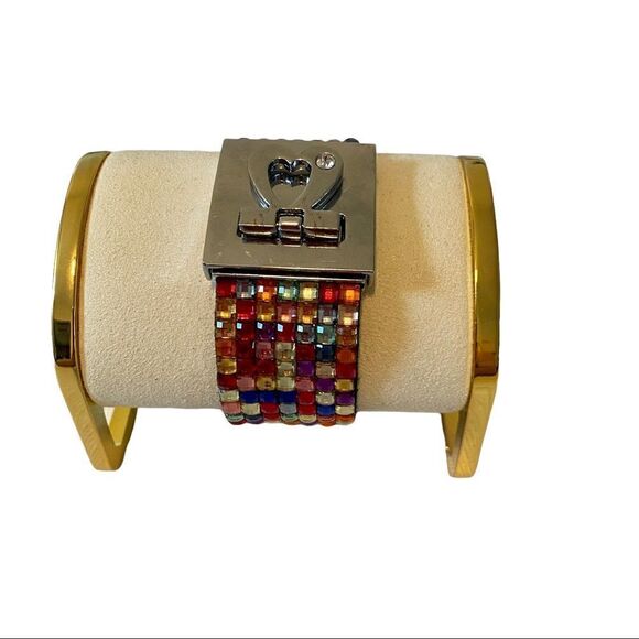 Multi-colored Jeweled Bracelet w/ pretty heart shaped buckle clasp. - Picture 3 of 9